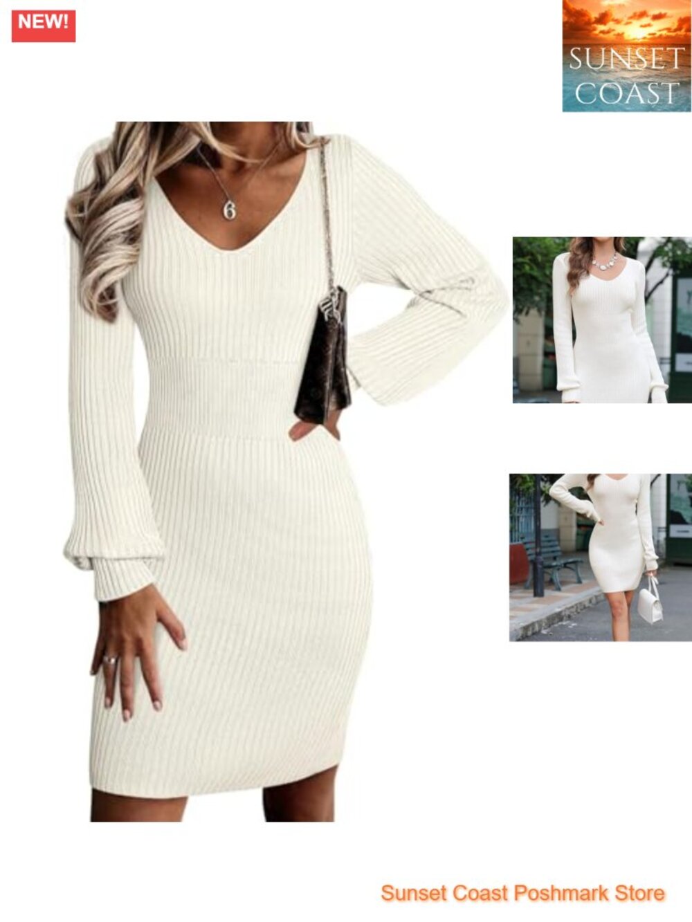 Ribbed Knit V-Neck Sweater Dress Lantern Sleeve Fall Winter